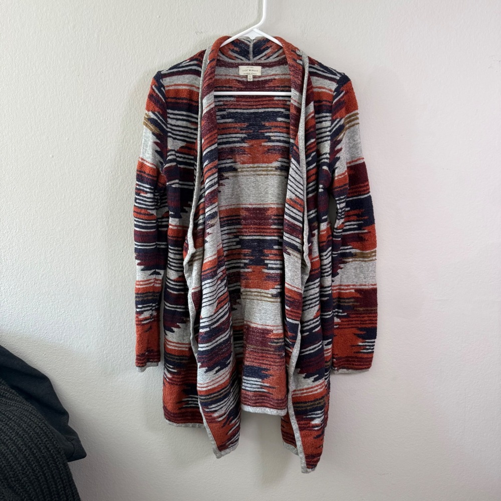 Lucky Brand Womens Southwestern Open‎ Front Cardigan Orange Navy Blue Grey Small